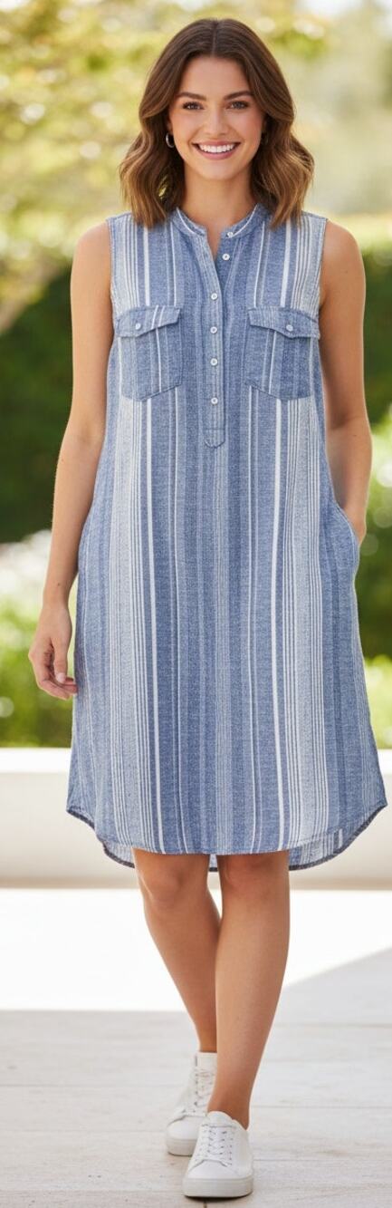 Blank NYC Women Large Blue White Striped Linen Blend Coastal Shirt Dress